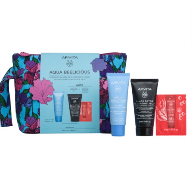Apivita Promo Aqua Beelicious Comfort Απαλή Κρέμα-Gel Ενυδάτωσης Ελαφριάς υφής & Δώρο Gel Καθαρισμού Black Detox Για Πρόσωπο & Μάτια & Bee Sun Safe Ενυδατική Κρέμα-Gel Προσώπου SPF50 2ml