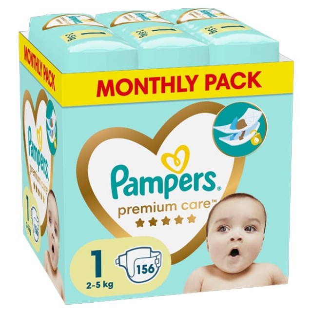 Pampers Premium Care Monthly Pack Πάνες με Αυτοκόλλητο No 1 για 2-5kg 156τμχ