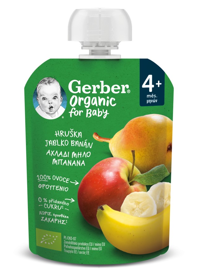 Gerber Organic Φρουτοπουρές Με Αχλάδι Μήλο & Μπανάνα 4m+ 90gr