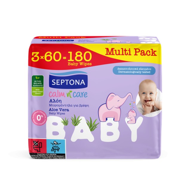 Septona Promo Calm N Care Baby Wipes Aloe Vera Μωρομάντηλα με Αλόη, 3x60 τμχ