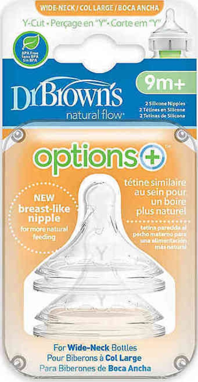 Dr. Browns Θηλές Για Μπιμπερό Options+ Με Φαρδύ Λαιμό Y-Cut 9m+ 2τμχ