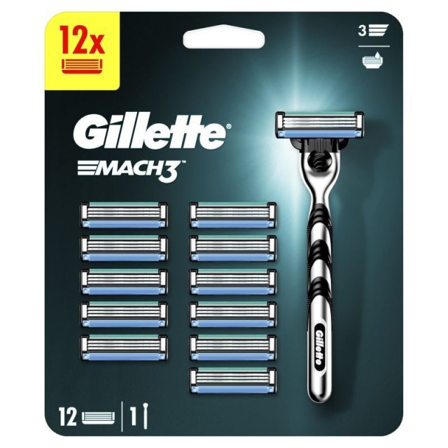 Gillette Mach3 Ξυραφάκι Με Ανταλλακτικές Κεφαλές 3 Λεπίδων & Λιπαντική Ταινία 12τμχ