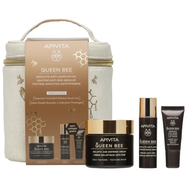 Apivita Promo Queen Bee Ρουτίνα Απόλυτης Αντιγήρανσης με Queen Bee Αντιγηραντική Κρέμα Ελαφριάς Υφής, 50ml & Δώρο Queen Bee Serum Αντιγηραντικός Ορός Προσώπου, 10ml, Κρέμα Ματιών, 5ml & Νεσεσέρ, 1τεμ, 1σετ