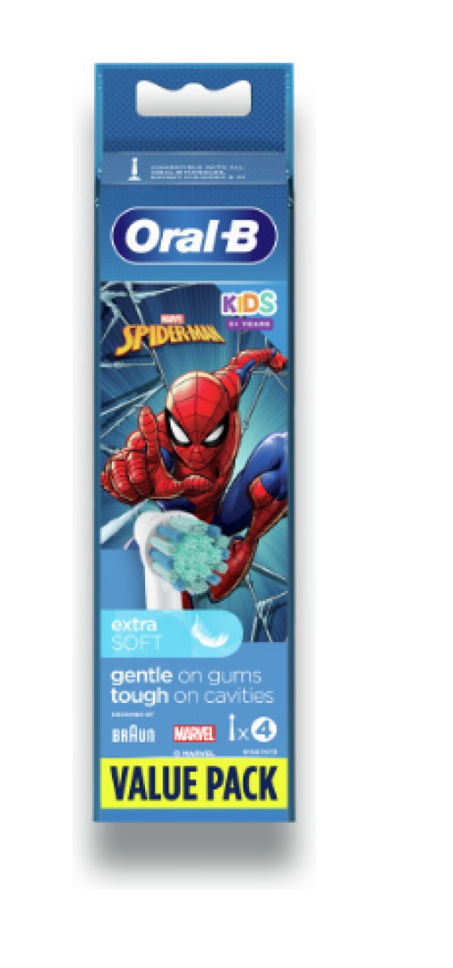 Οral-B Kids Spiderman Extra Soft Ανταλλακτικές Κεφαλές Για Παιδική Ηλεκτρική Οδοντόβουρτσα 4τμχ