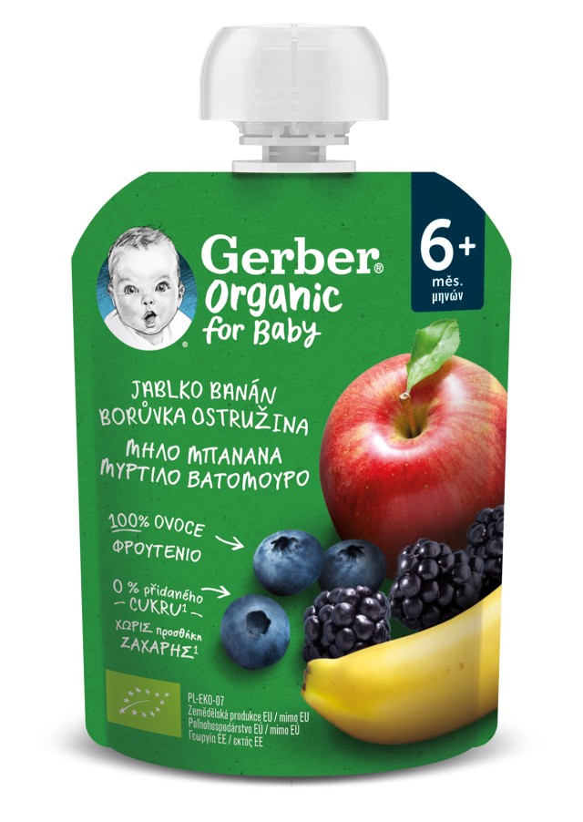 Gerber Organic Φρουτοπουρές Με Μήλο Μπανάνα Μύρτιλο & Βατόμουρο 6m+ 90gr