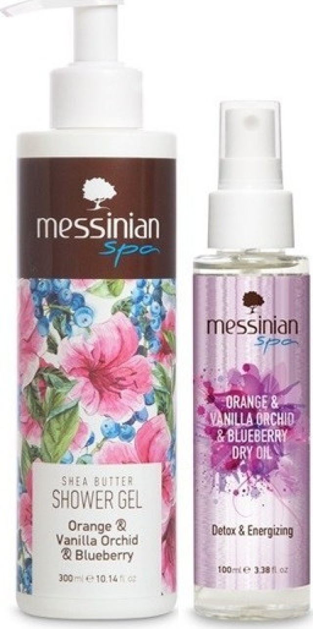 Messinian Spa Promo Dry Oil Ξηρό Λάδι για Πρόσωπο Μαλλιά & Σώμα με Πορτοκάλι Βανίλια Ορχιδέα & Μύρτιλο 100ml & Δώρο Αναζωογονητικό Αφρόλουτρο 300ml