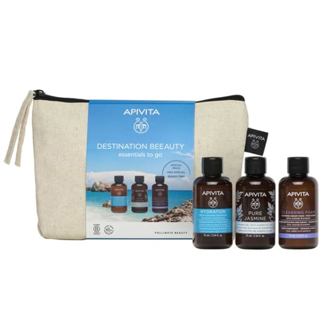 Apivita Destination Beeauty Promo με Hydration Shampoo Σαμπουάν Ενυδάτωσης, 75ml, Pure Jasmine Shower Gel Αφρόλουτρο, 75ml & Cleansing Foam Αφρός Καθαρισμού για Πρόσωπο & Μάτια, 75ml, 1σετ