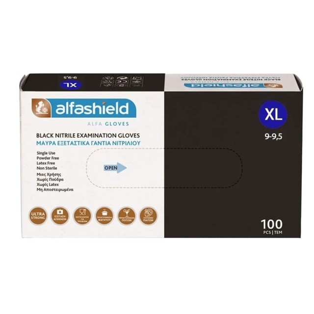 ALFASHIELD Alfa Gloves Εξεταστικά Γάντια Νιτριλίου Μαύρα - Extra Large 100 Τμχ