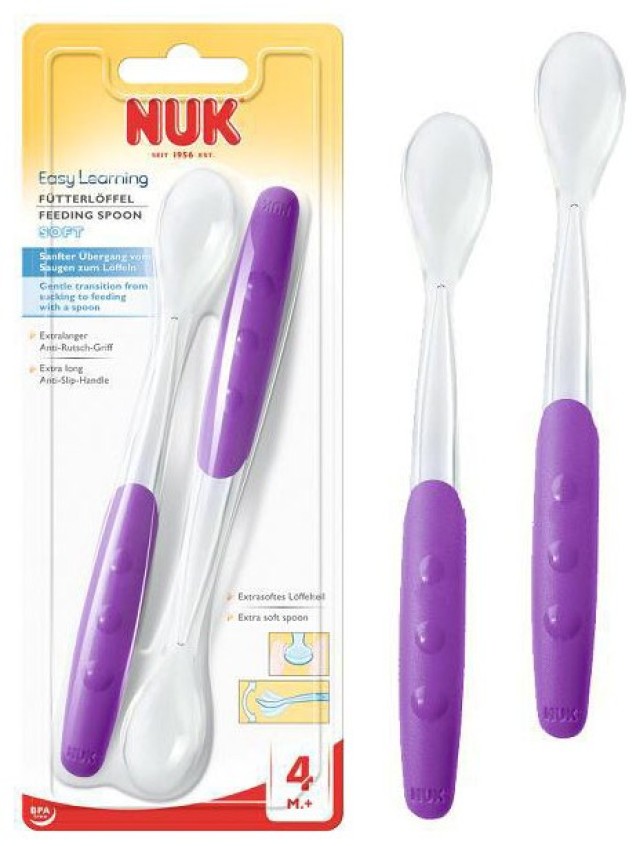 Nuk Easy Learning Μαλακό Κουτάλι Φαγητού με Κοίλο Τμήμα από Σιλικόνη, από τον 4 μήνα, 2 τεμάχια