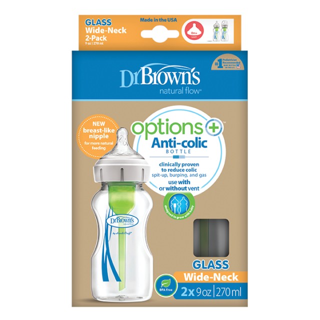 Dr. Browns WB 92700 Options Μπιμπερό Γυάλινο με Φαρδύ Λαιμό 270ml 2τμχ