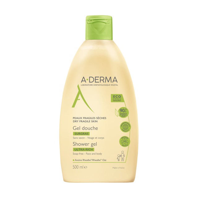 A-Derma Gel Douche Surgras Ultra Rich Shower Gel Πλούσιο Gel Καθαρισμού Προσώπου & Σώματος Για Ξηρή & Ευαίσθητη Επιδερμίδα 500ml