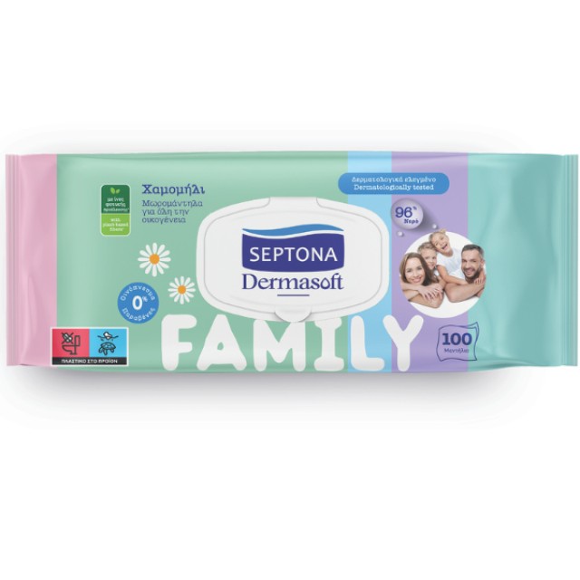 Septona Family Μωρομάντηλα χωρίς Οινόπνευμα & Parabens με Χαμομήλι 100τμχ