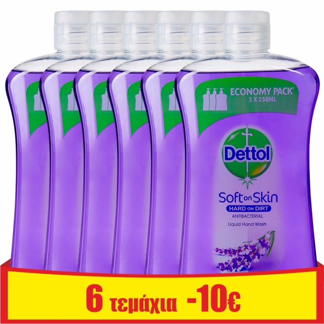Dettol Promo Liquid Soap Laventer Reffil Ανταλλακτικό Αντιβακτηριδιακό Υγρό Κρεμοσάπουνο Χεριών Με Λεβάντα 6x750ml