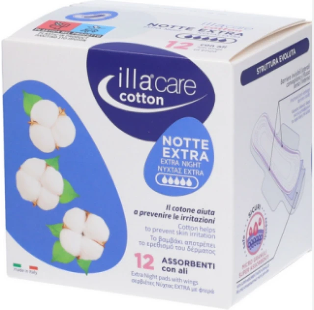 Illa Care Extra Night Σερβιέτες Νύχτας με Φτερά από 100% Υδρόφιλο Βαμβάκι 12τμχ.