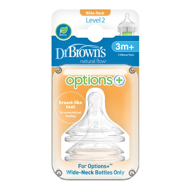 Dr. Browns WN 2201 Θηλές Σιλικόνης 3m+ για Μπιμπερό με Φαρδύ Λαιμό Επίπεδο 2 2τμχ
