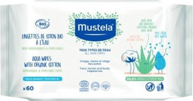 Mustela Organic Cotton Μωρομάντηλα Με Νερό 60τμχ