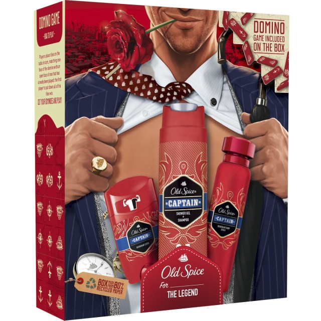 Old Spice Promo For The Legend Captain Deodorant Body Spray Αποσμητικό Spray Σώματος 150ml + Shower Gel Shampoo Ανδρικό Αφρόλουτρο 250ml + Deodorant Stick Αποσμητικό Στικ 50ml & Δώρο Domino 1τμχ