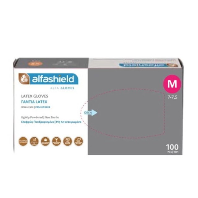 Alfashield Εξεταστικά Γάντια Μιας Χρήσης Latex Ελαφρώς Πουδραρισμένα Μέγεθος Medium 100 Τεμάχια