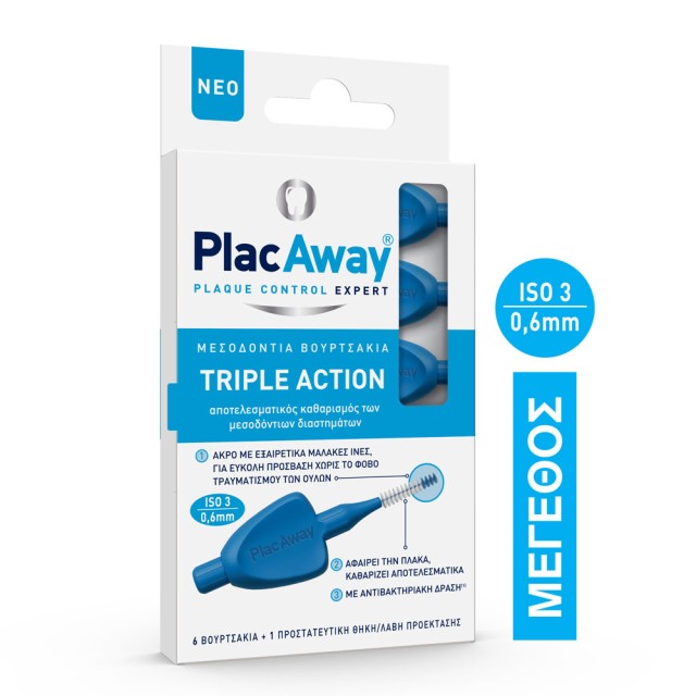 Plac Away Μεσοδόντιο Βουρτσάκι Triple Action 0.6mm Μπλε 6τμχ