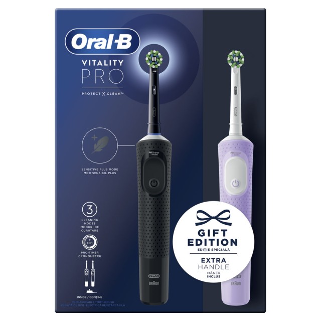 Oral-B Vitality Pro Duo Pack Black & Lilac Ηλεκτρική Οδοντόβουρτσα Μαύρη & Μωβ 2τμχ