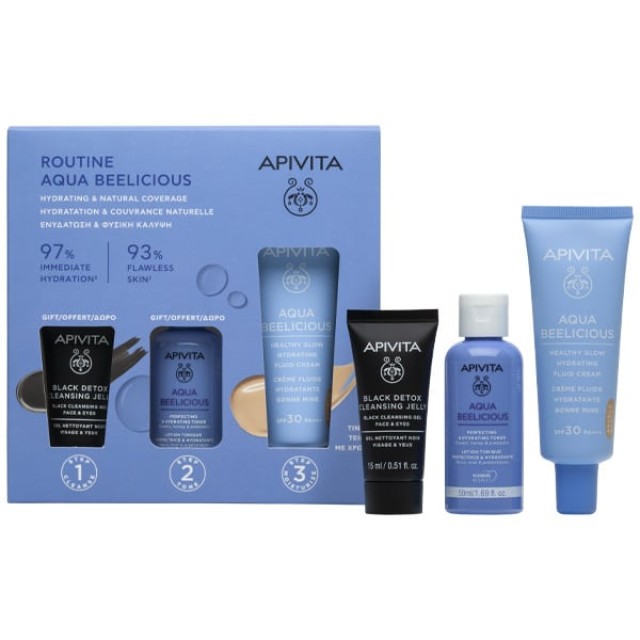 Apivita Promo Αqua Beelicious Ενυδάτωση & Φυσική Κάλυψη με Αqua Beelicious Ενυδατική Κρέμα με Χρώμα Ελαφριάς Υφής SPF 30 & Δώρο Αqua Beelicious Ενυδατικό Τόνερ, 50ml & Black Dettox Gel Καθαρισμού, 15ml, 1σετ