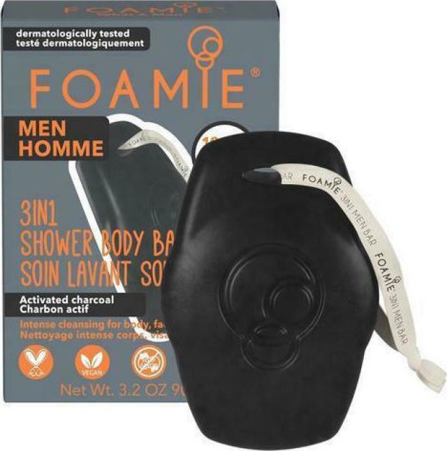 Foamie Men - What a Man Activated Charcoal - 3in1 Body Face and Hair Bar Αναζωογονητικό Αφρόλουτρο σε Μορφή Μπάρας 3 σε 1 Σώμα Πρόσωπο και Μαλλιά 90gr